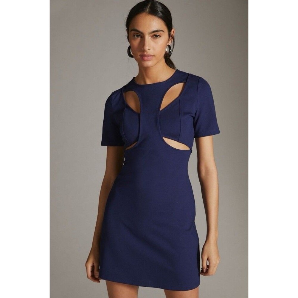 Anthropologie Ponte Cutout Short Sleeve Stretch Mini Dress Women XXS Blue Purple